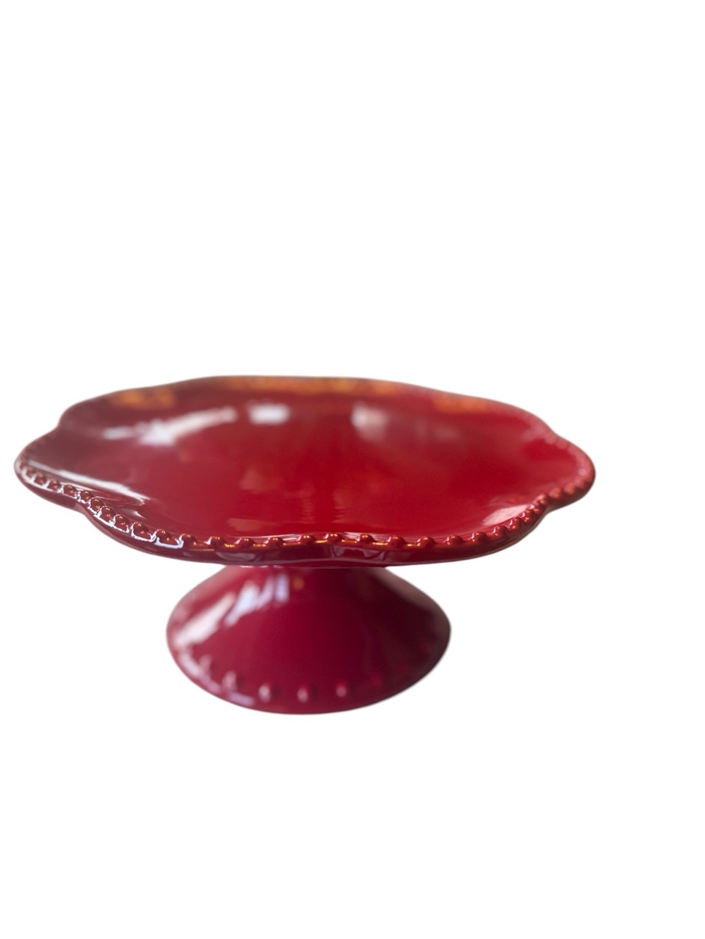 Ruby Red Glazed Ceramic Pedestal Cake Stand Cottagecore Dessert Display